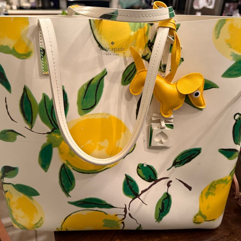 kate spade White Lemon Print Tote with Yellow Charm